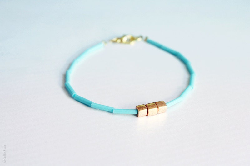 island - tiny gold cubes and turquoise minimalist bracelet