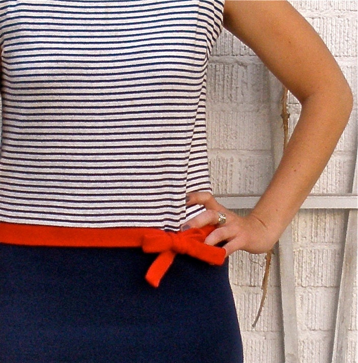 60s Nautical Drop Waist Striped Dress with Red Bow - Small