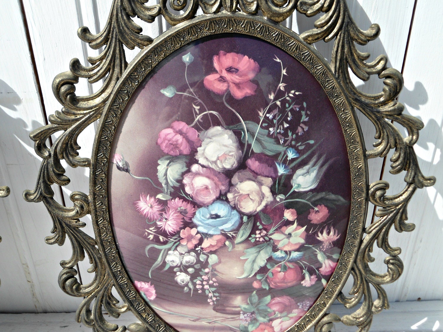 Vintage Brass Frames Floral Pictures - Ornate Brass Framed Prints Wall Decor Pair