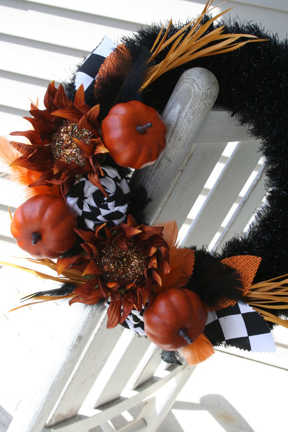 Fall Yarn Wreath/Halloween/Thanksgiving/Fabric Flowers/Pumpkins/Feathers/Sunflowers