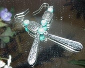 EARRINGS - Brushed Silver Dangle With Turquoise Bead and Square Silver Beads - Pierced