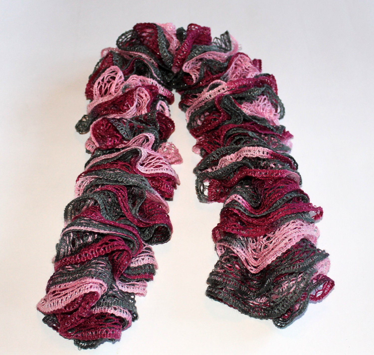 Knit Ruffled Scarf - Pinks and Green -Red Heart Sashay Yarn - Women