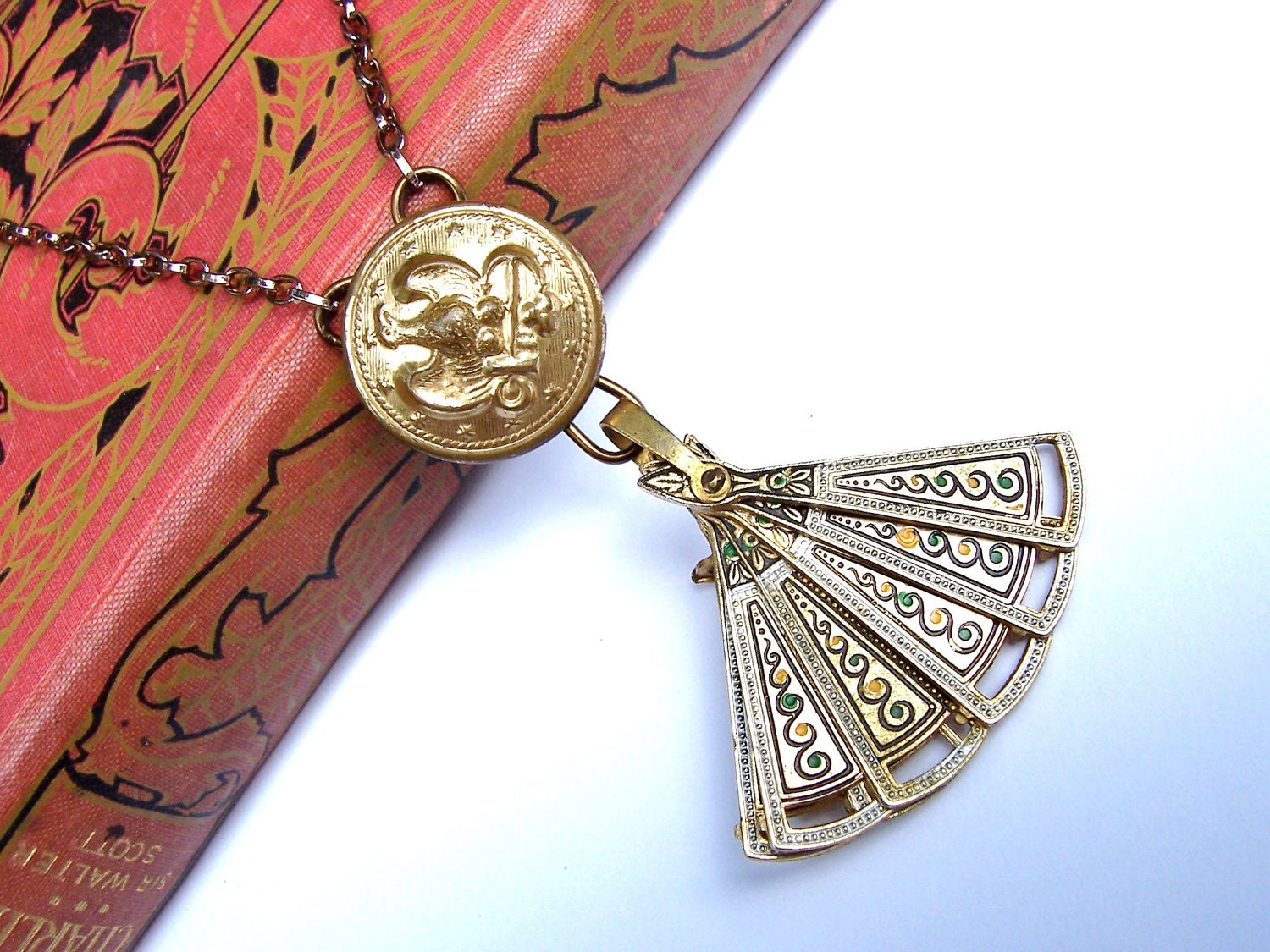 Vintage Articulated Spanish Enamel Fan & Antique Brass Navy Button Necklace