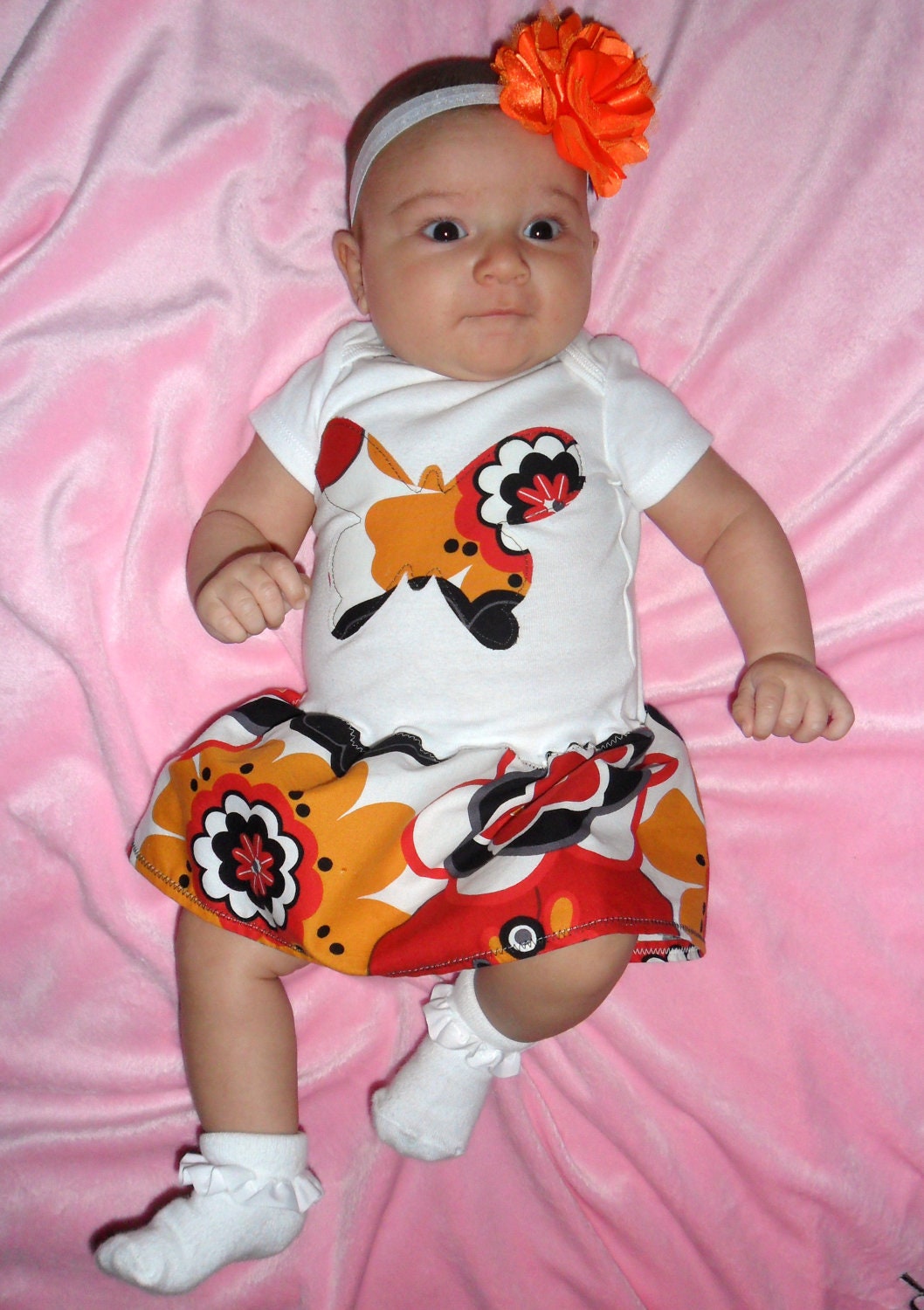 Mod Butterfly Baby Onesie Dress in Red, Orange & Black Fabric Applique