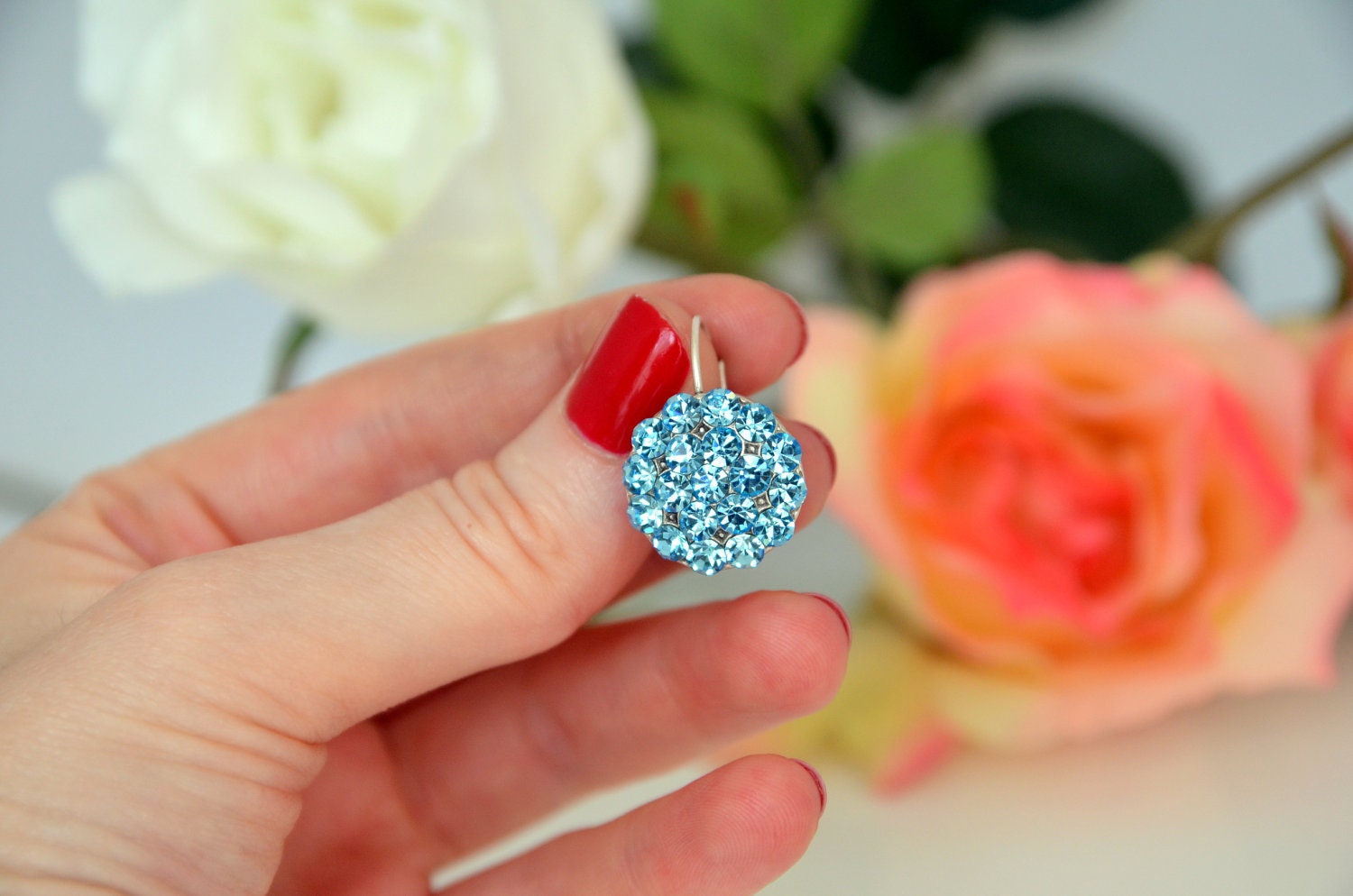 art deco blue clear crystal swarovski rhinestone tibetan silver plated earrings wedding jewelry bridal jewelry bridesmaids jewelry blue
