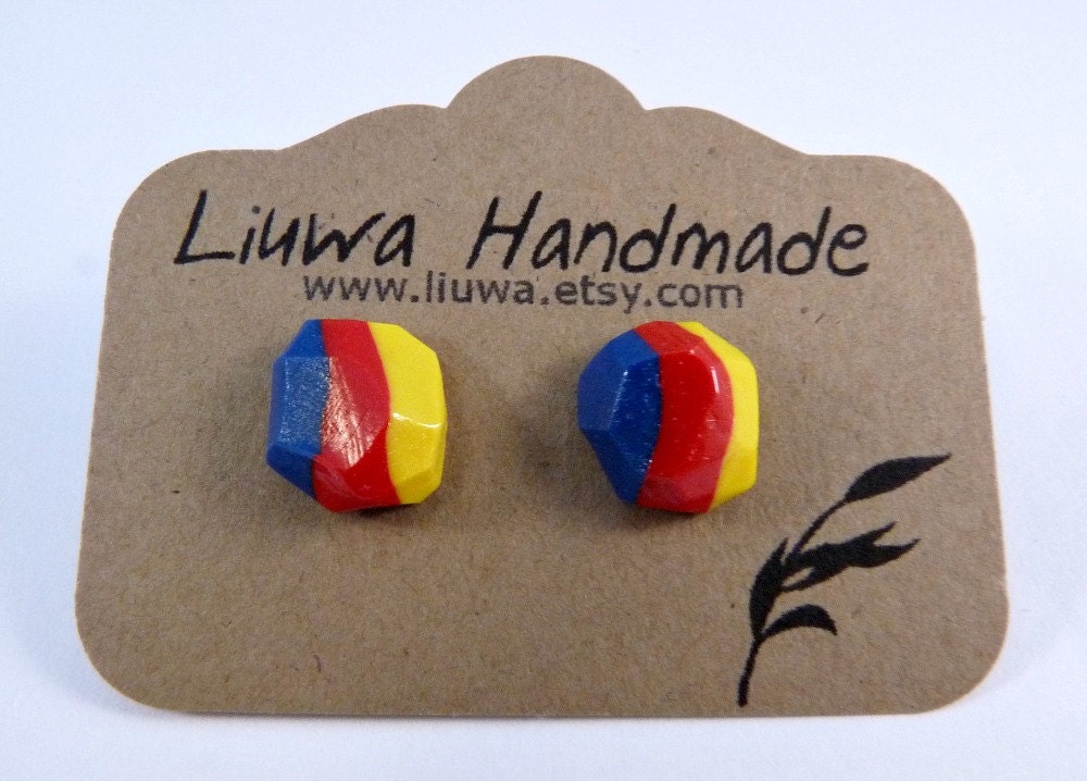 Red, Blue, Yellow, Primary Colors Faceted Clay Post Earrings, Stainless Surgical Steel Posts