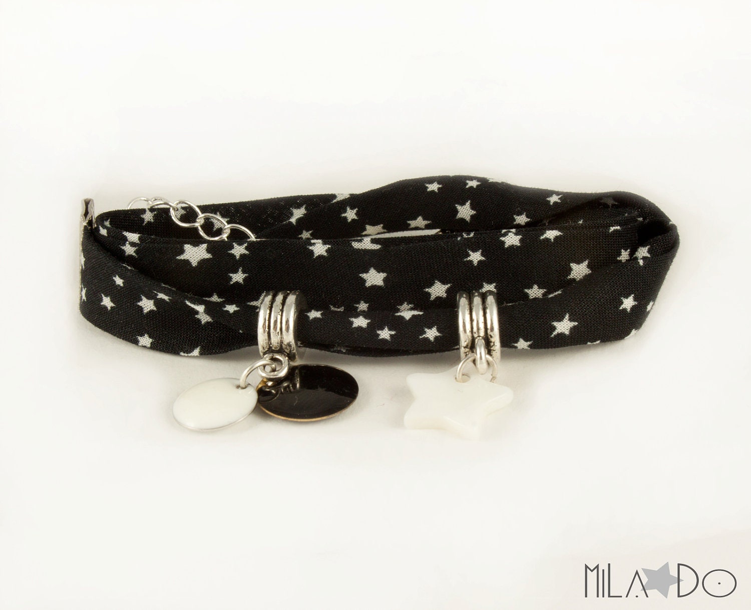 Wrap Bracelet - Fabric bracelet - Black bias with white stars- charm bracelet