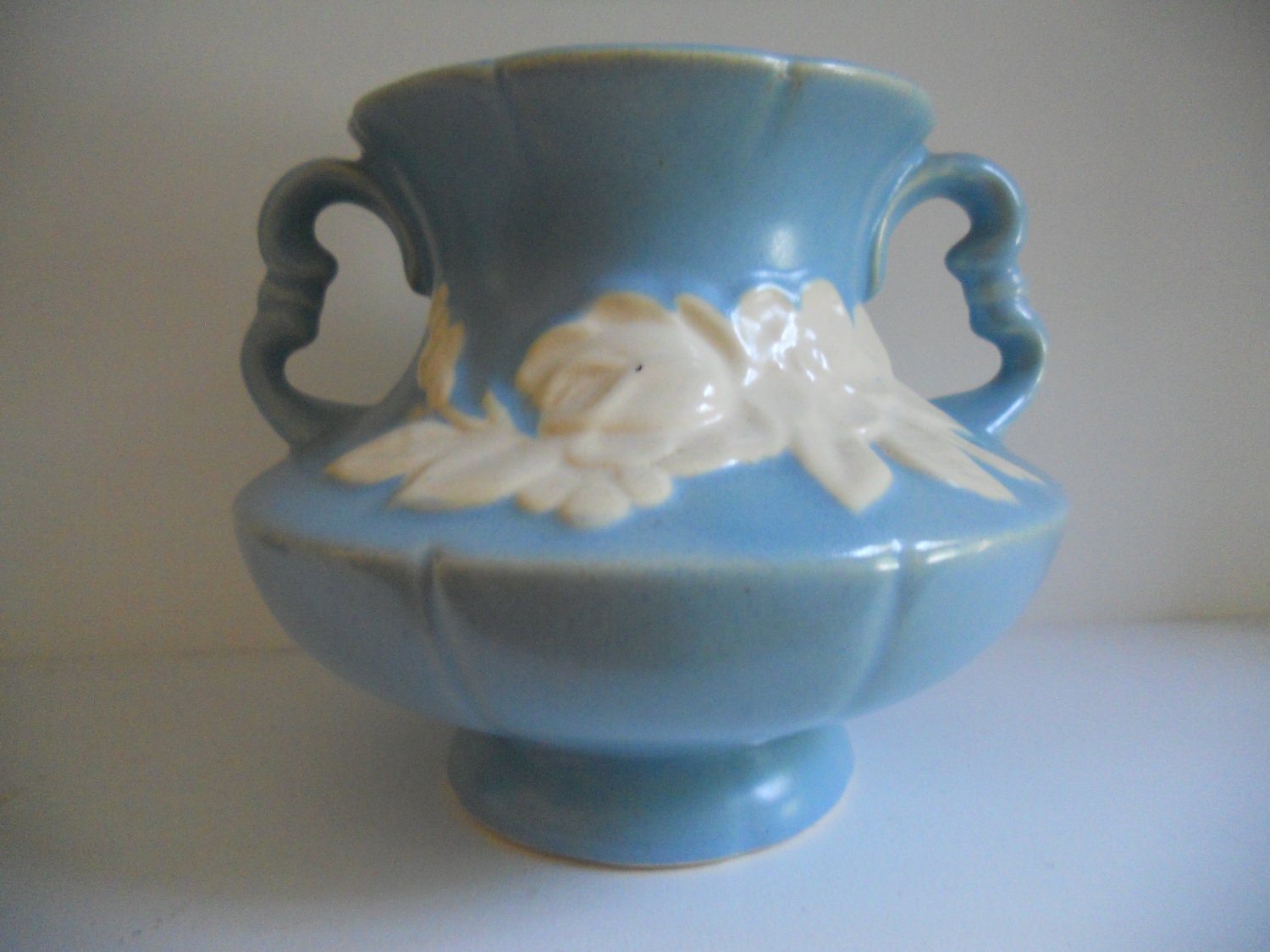 Weller Blue Double Handled Vase with White Cameo Rose Flower