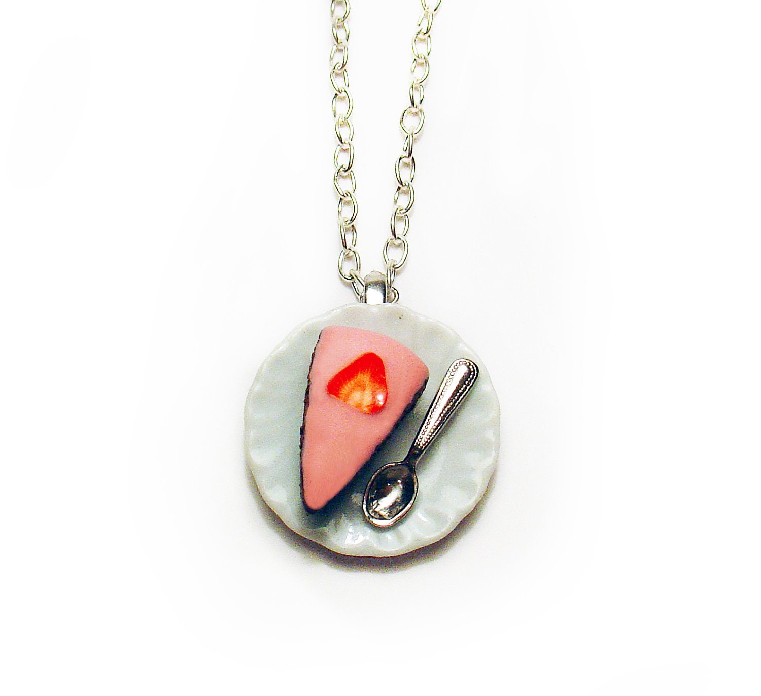 Strawberry Frosted Chocolate Cake Miniature food Necklace, Miniature Food Jewelry, Polymer clay Food