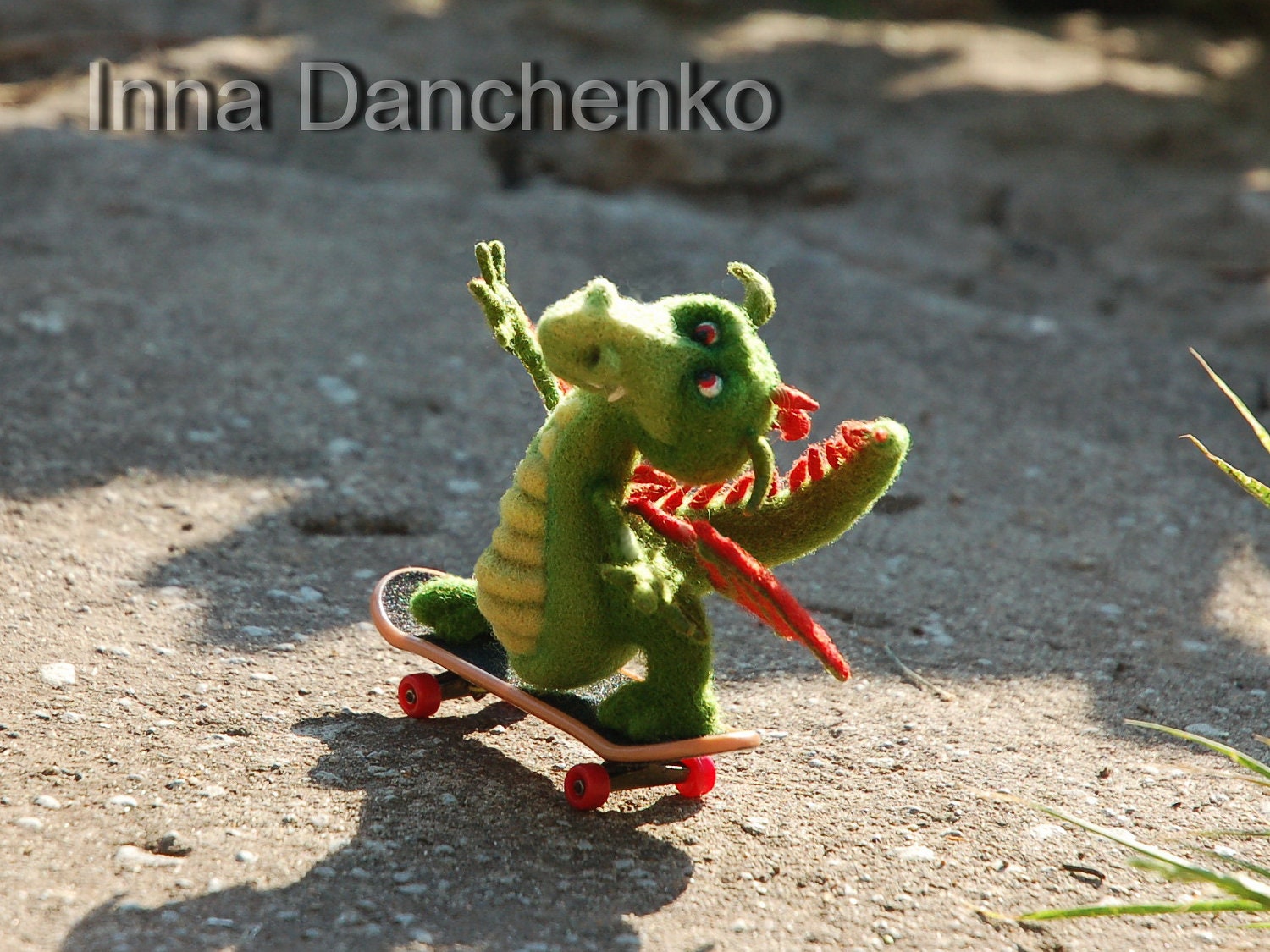 Miniature Needle Felted Green Dragon Soft Sculpture Art Doll Plush Wool Fiber Fantasy "Flying towards the sun" - ready to ship