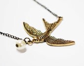Awesome Brass Bird Necklace , Bird Charm , Flying Bird With White Pearl Necklace