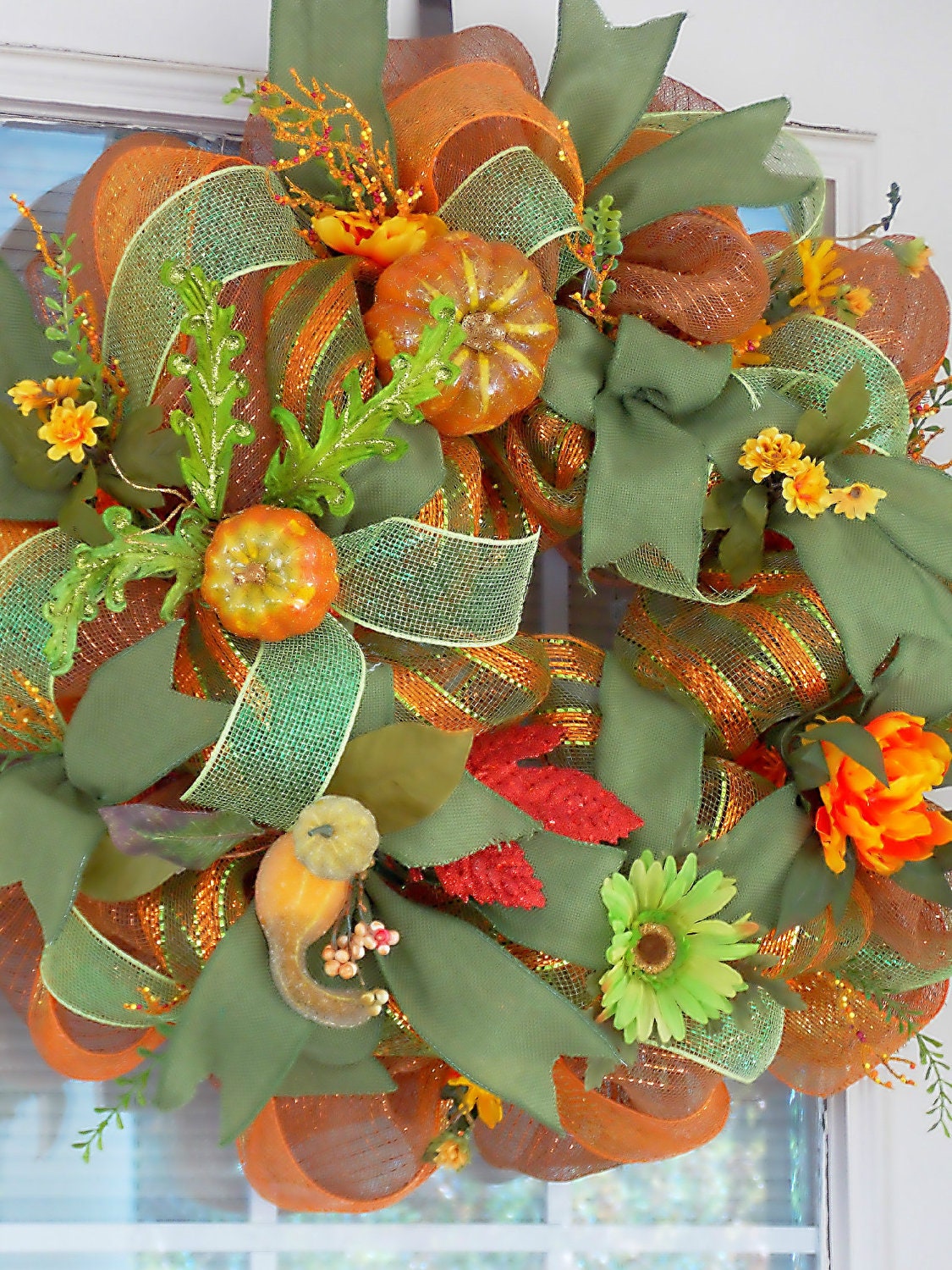 Fall Deco Mesh Wreath, Door or Wall Wreath with FlowersPumpkin, Gourd, Feathers, Mesh Ribbon, Burlap Ribbon