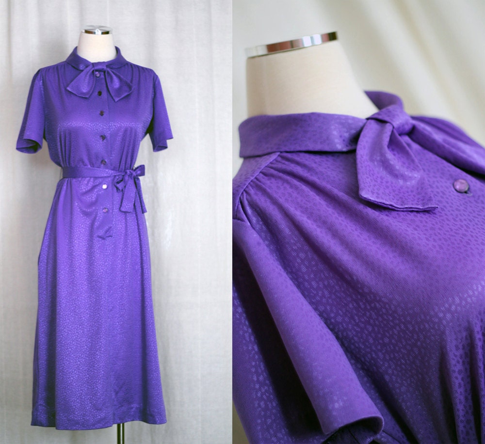 Vintage 1970s Secretary Dress - Purple Polyester with Shiny Polka Dots - Tie Neck - Size Medium / Large