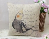 1 linen simple bird cockatiel words printing decorative pillow cover / cushion case 18"