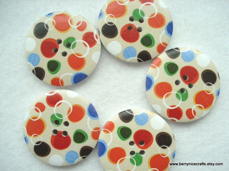 40mm Wooden Button Cream with Blue Green Orange Spots Big Statement Buttons Pack of 5
