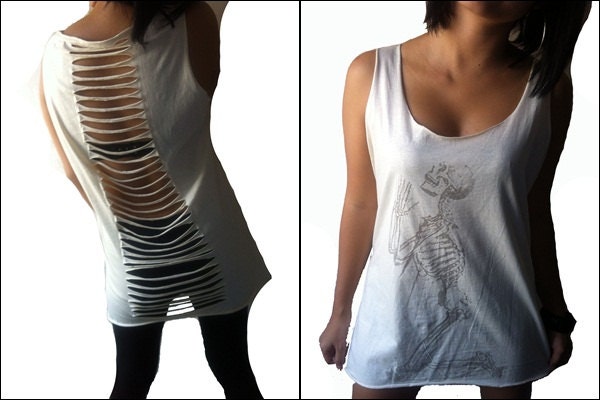 Sexy Womens Open Back Cut Out Retro Vintage Classic Skeleton on Knees Print Punk Rock Lady Tee Tank Tops T-Shirt Vest Size M