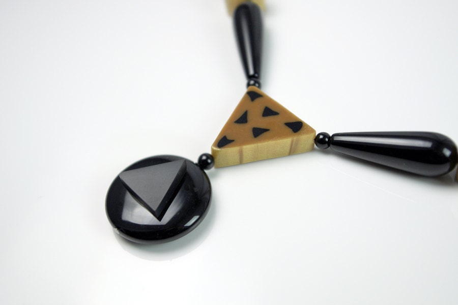 OOAK Art Deco Style Necklace with Handmade Polymer Clay Beads and Black Onyx Stone