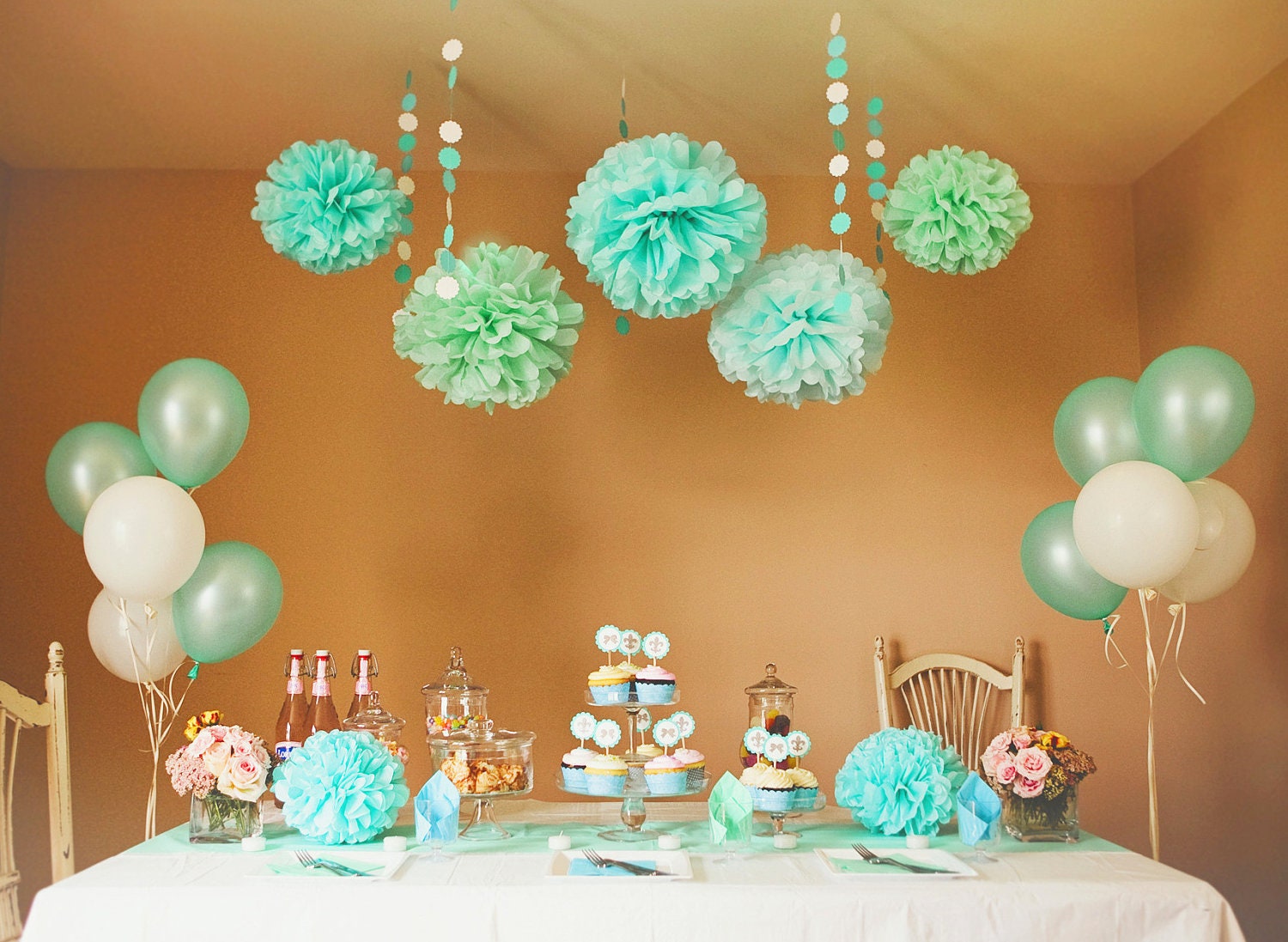 Tiffany Blue Party & Shower DIY Decoration Package (PomPoms, Garlands, Cupcake Deco, etc.)