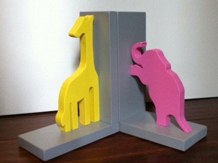 Yellow Giraffe Bookend and Pink Elephant Bookend - custom colors available
