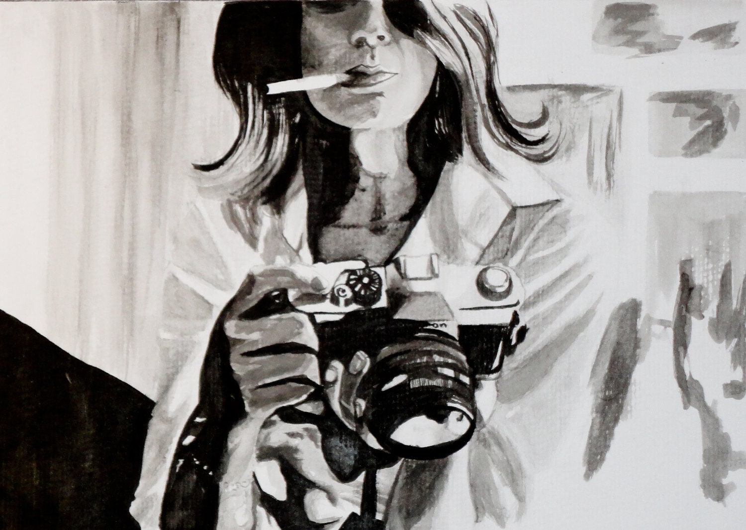 Smoking Woman with Film Camera Art Print in Black and White - KimLegler