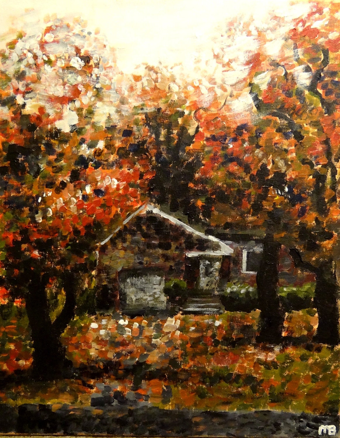 Autumn Painting on Canvas - little red house, Impressionism, rainy day acrylic.