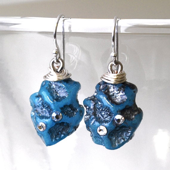 Turquoise Resin Dangle Earrings- Coral Jewelry With Swarovski Crystals- Silver Wire Wrap Earrings
