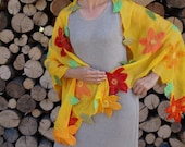 Nuno felted yellow flower shawl scarf wrap wool viscose orange red green light large