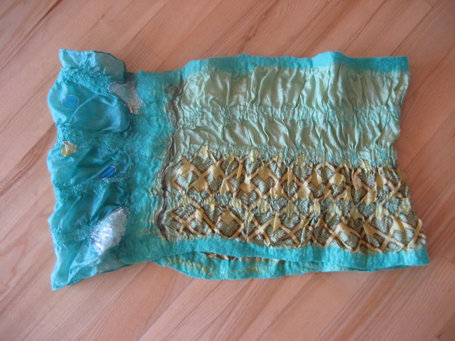 Green Mint Nuno Felt Infinity Loop Scarf Shawl Wrap: Wool, Silk. Splendid, Light and Bright. Gift under 25.