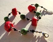 Red Coral Turquoise Bracelet: Rustic Boho Hand-Knotted Bamboo Coral, Magnesite Gemstone Beads, Silver & Black, Handmade Nickel Free Jewelry