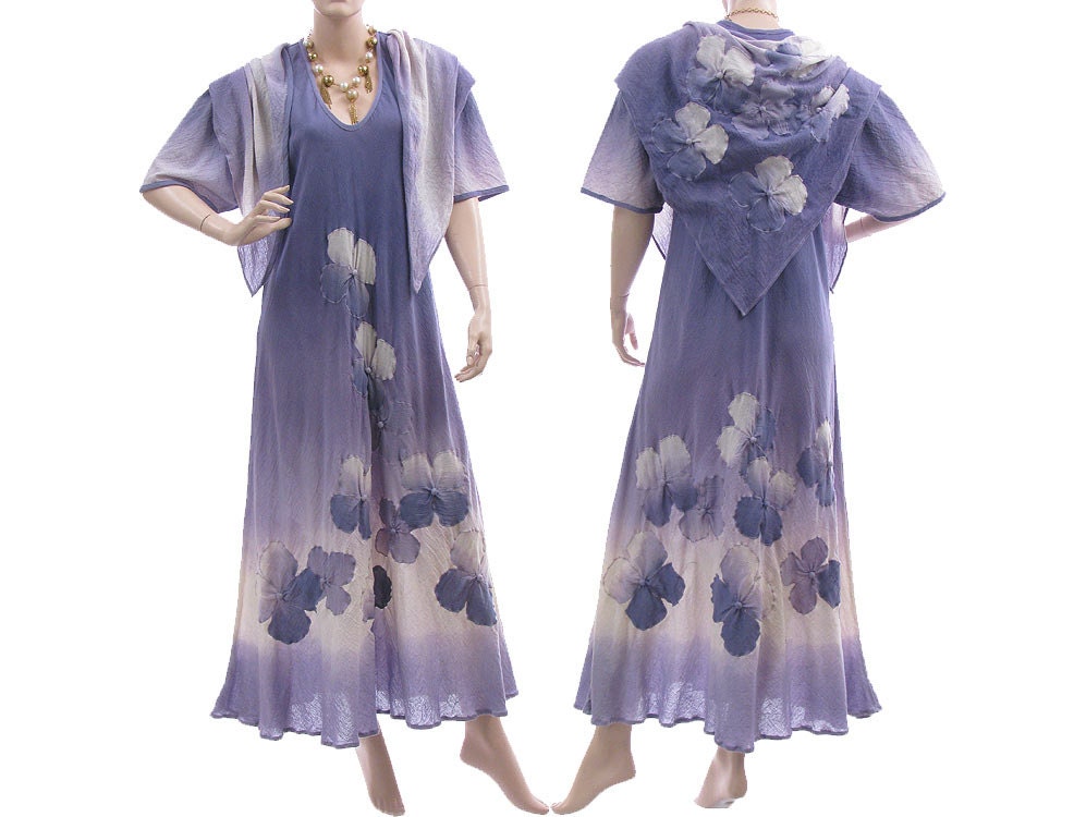 Artistic hand dyed long dress, maxi dress in lilac - art to wear for plus sized women - with triangle shawl - large L
