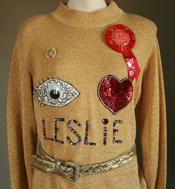 Handmade Gold Gem Sweater Leslie Hall & the Lys Costume Junior Jr. Funny Halloween Contest with Certificate of Authenticity