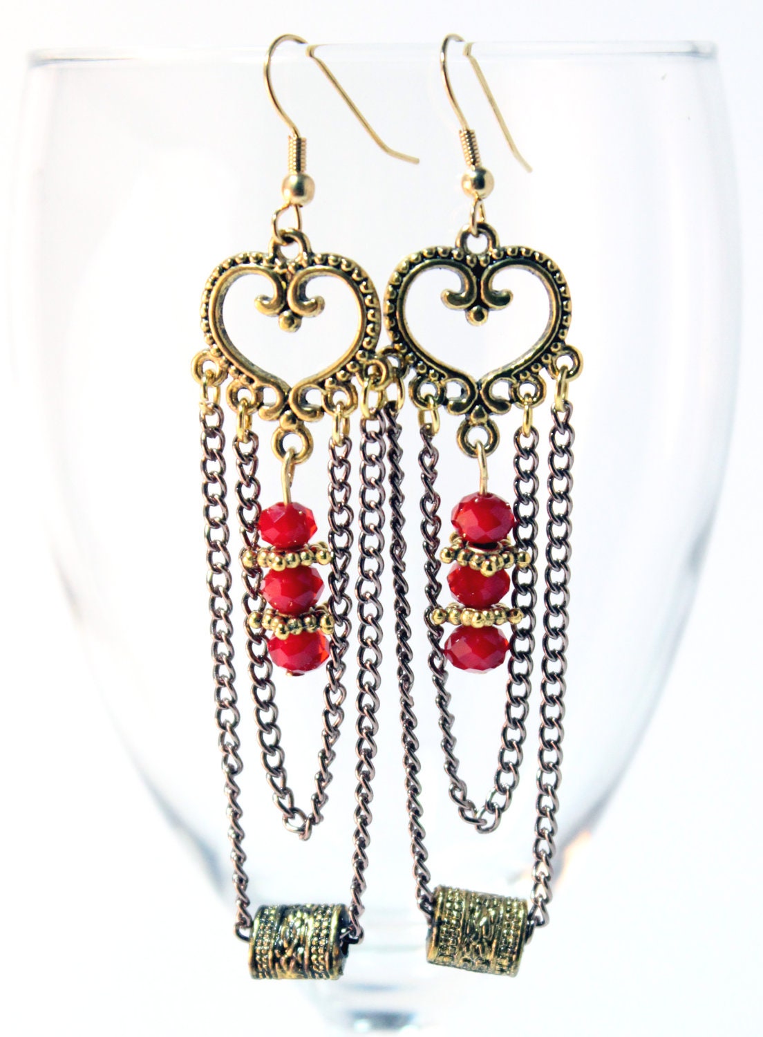Chandelier Style Heart With Red Crystal Ear Dangles