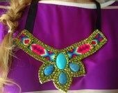Puya necklace - made of olive zircon crystal, turquoise and jasper cabochon, handmade friendship bracelets, satin ribbons and suede backing.