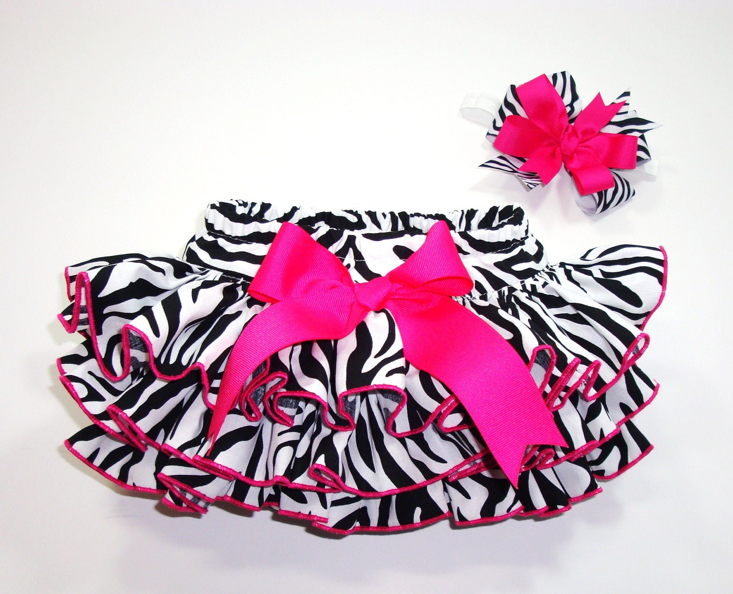 Little MISS ZEBRA Newborn Infant Toddlers Ruffle Bloomers Diaper Cover And BOW Set Trimmed in Hot Pink by Bloomin Cuties
