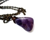 Handmade Wire Wrapped Natural Stone Amethyst Pendant Necklace & Antique Tone .Purple Jewelry
