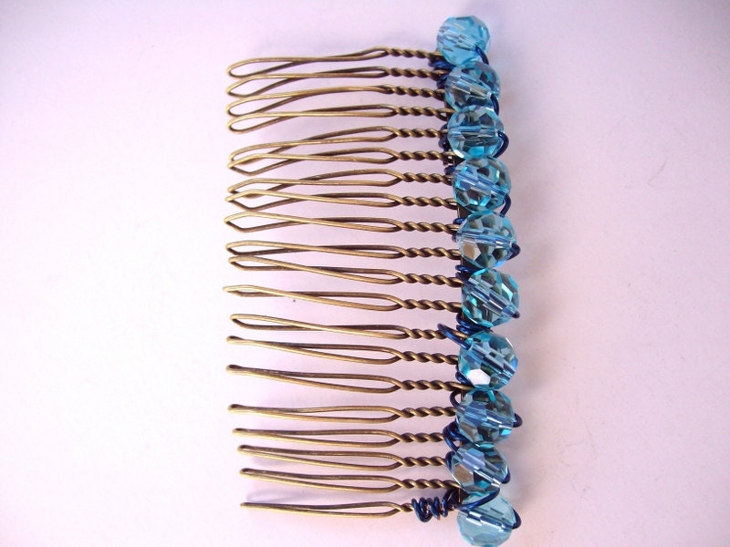 Bronze Hair Comb Wire-wrapped with Shiny Soft Blue Crystals, Hair Jewelry