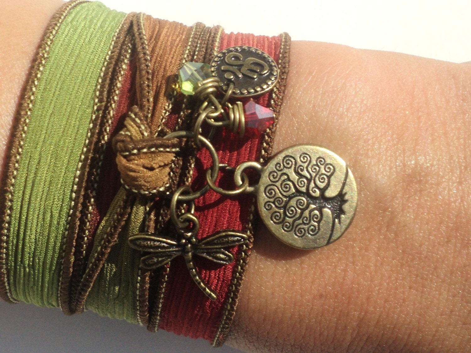 Tree of Life Dragonfly Silk Wrap Bracelet Yoga Jewelry Om Namaste Bohemian Jewelry Autumn Fall Earthy Unique Gift Under 50 Item Z34