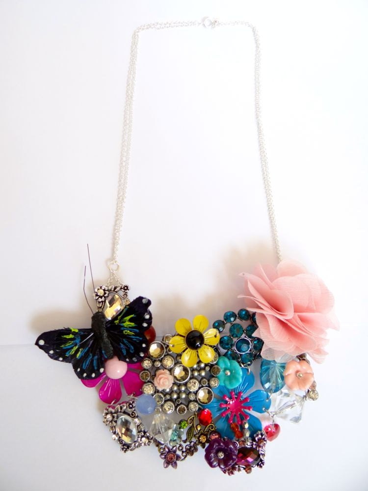 OOAK Flower Garden Brooch Necklace - Mixed Media Butterfly Necklace - Colorful Rhinestone Flower Necklace - Large Statement Necklace
