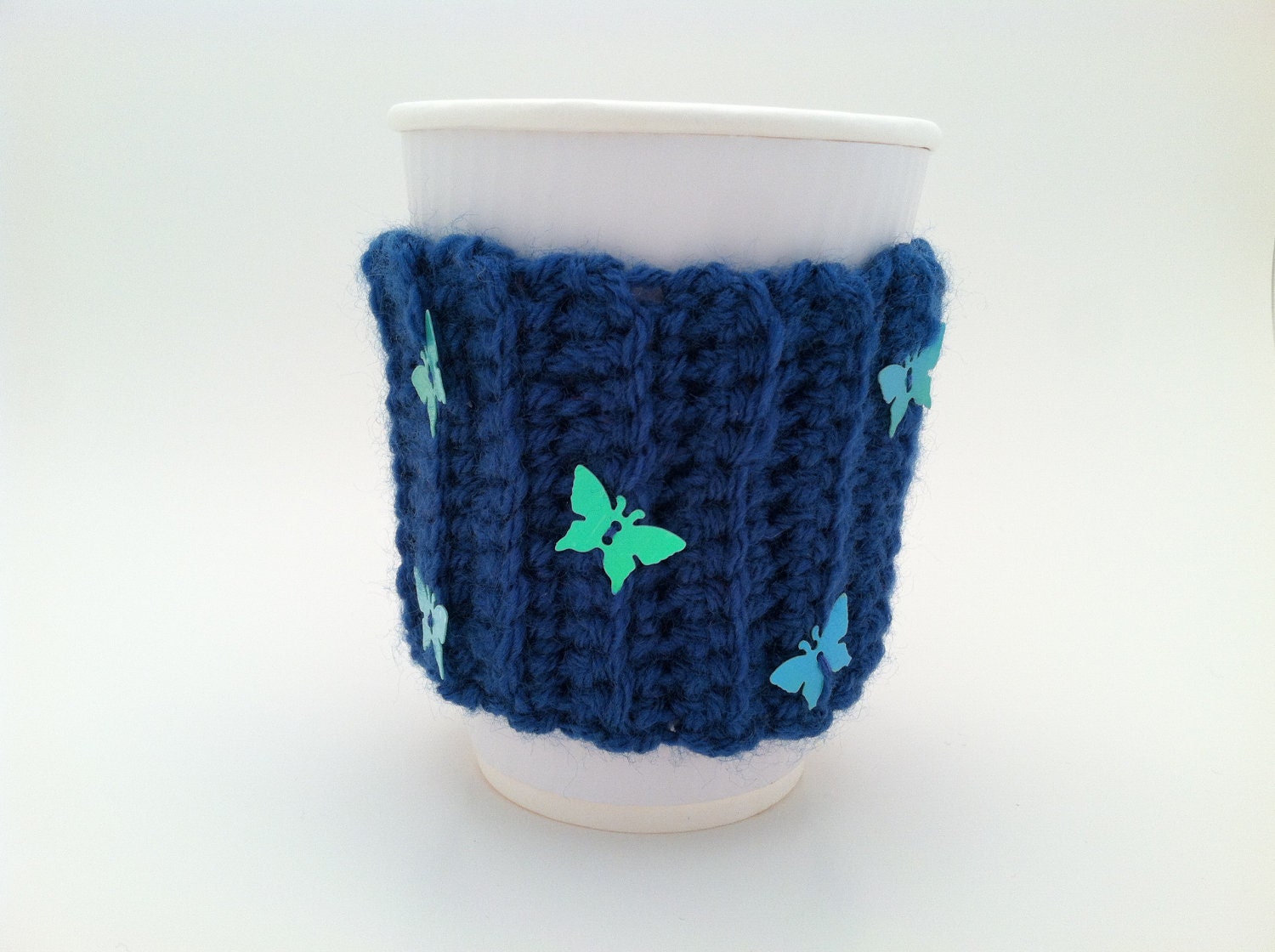 Crochet coffee cup cozy teal with 5 butterflies
