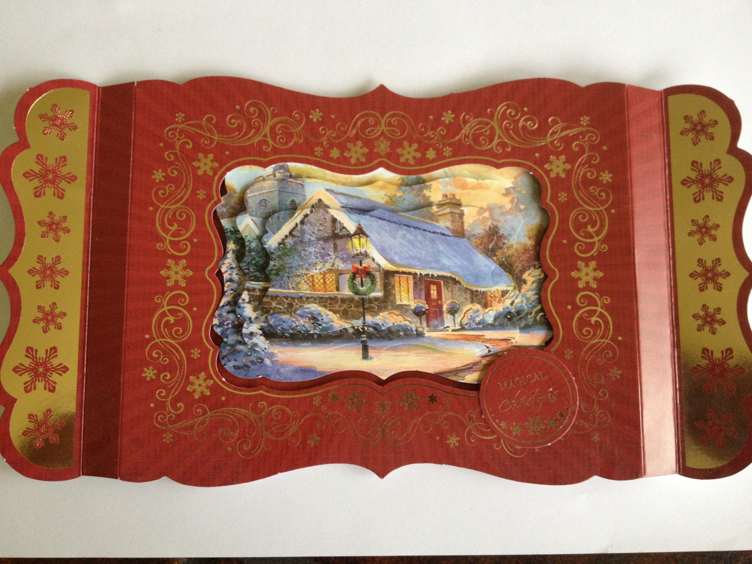 christmas card, burgundy and gold, christmas house scene, magical christmas, merry christmas,