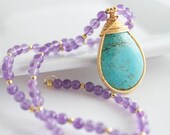 Amethyst Necklace with Turquoise Pendant, Bezel Set Necklace
