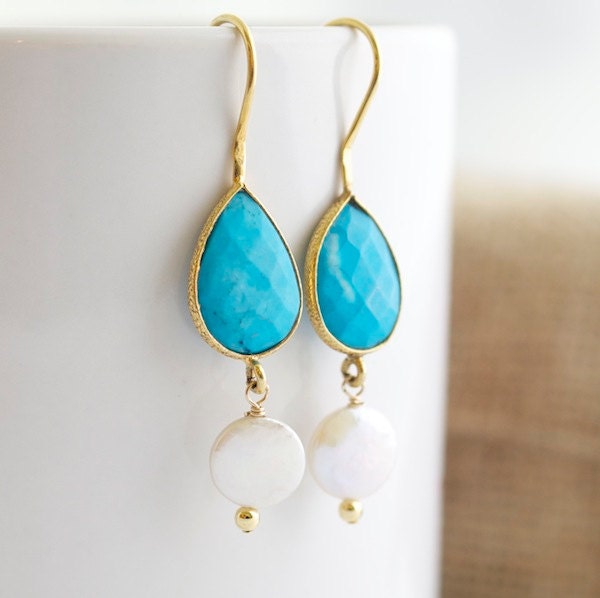 Turquoise and Pearl Dangle Earrings, Bezel Set Turquoise and Pearl Earrings