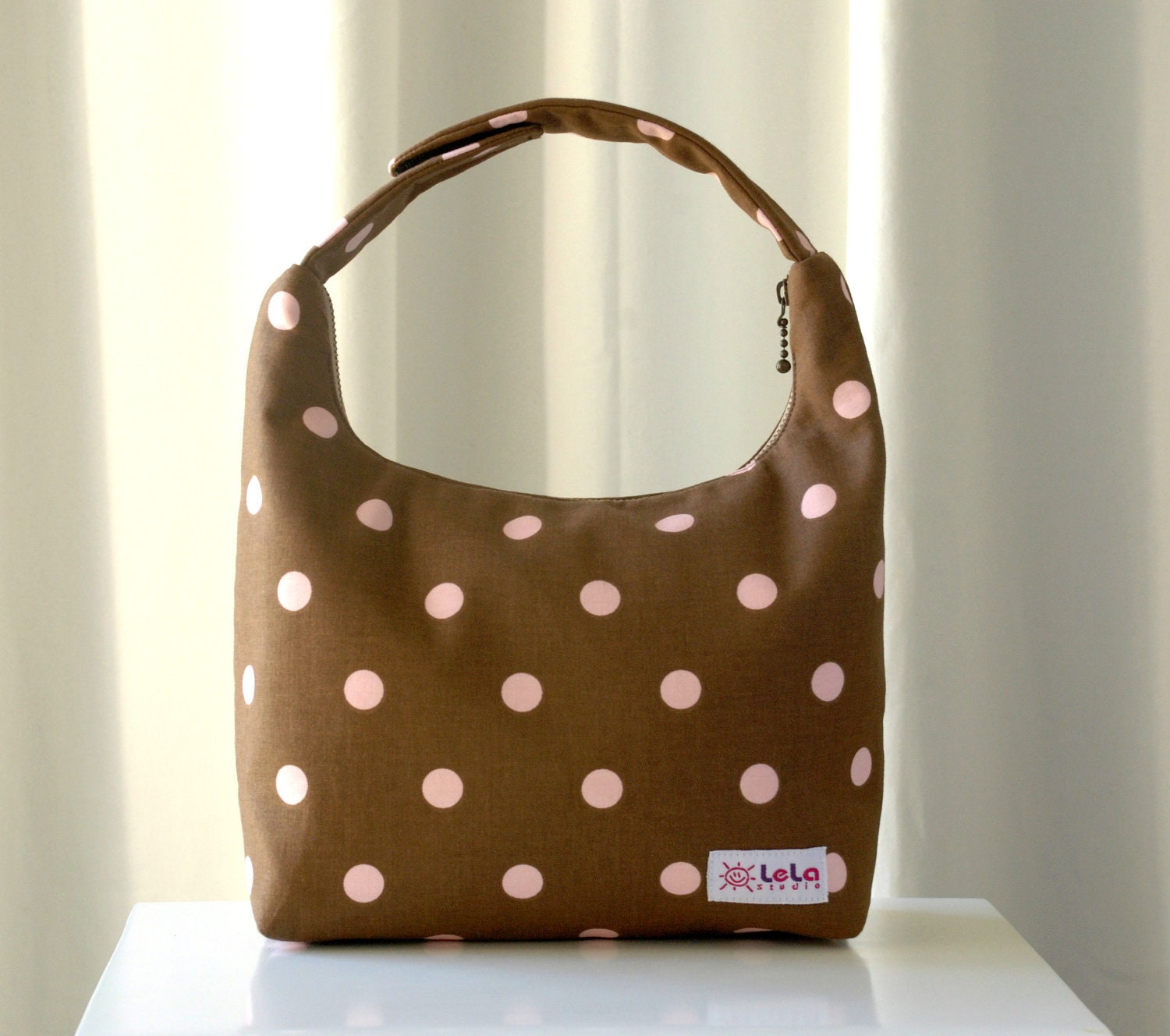 Lunch Bag Insulated, Small Purse, Lunch Tote, School Lunch Bag, Fabric Lunch Bag, Work Lunch Bag, Pink Polka Dot on Brown