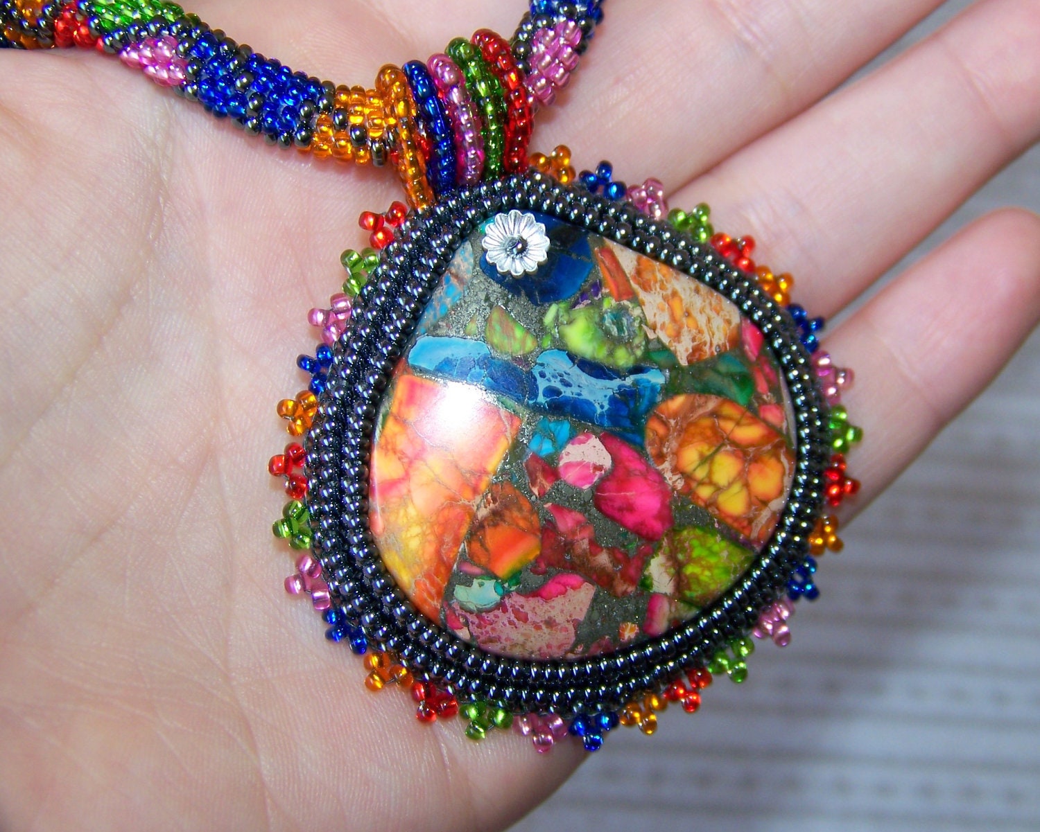 Reserved listing for  Iona Moon,  Summer Joy - Bead Embroidery Necklace with Rainbow Sea Jasper and Pyrite - lutita