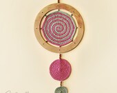 MANDALA OF LIFE / Crochet Green and Dusty Rose Meditation Mandala / Native American Inspired Wall Art (26x12")