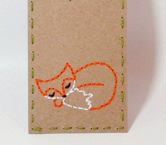 Sleeping Fox Bookmark Hand Embroidered Kraft Paper Books Orange White