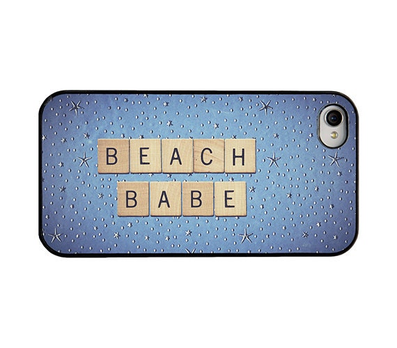 Quote Iphone cover - Iphone 4 4s and 5 case - beach babe - blue background with stars - letter tiles quote - girly Iphone cover
