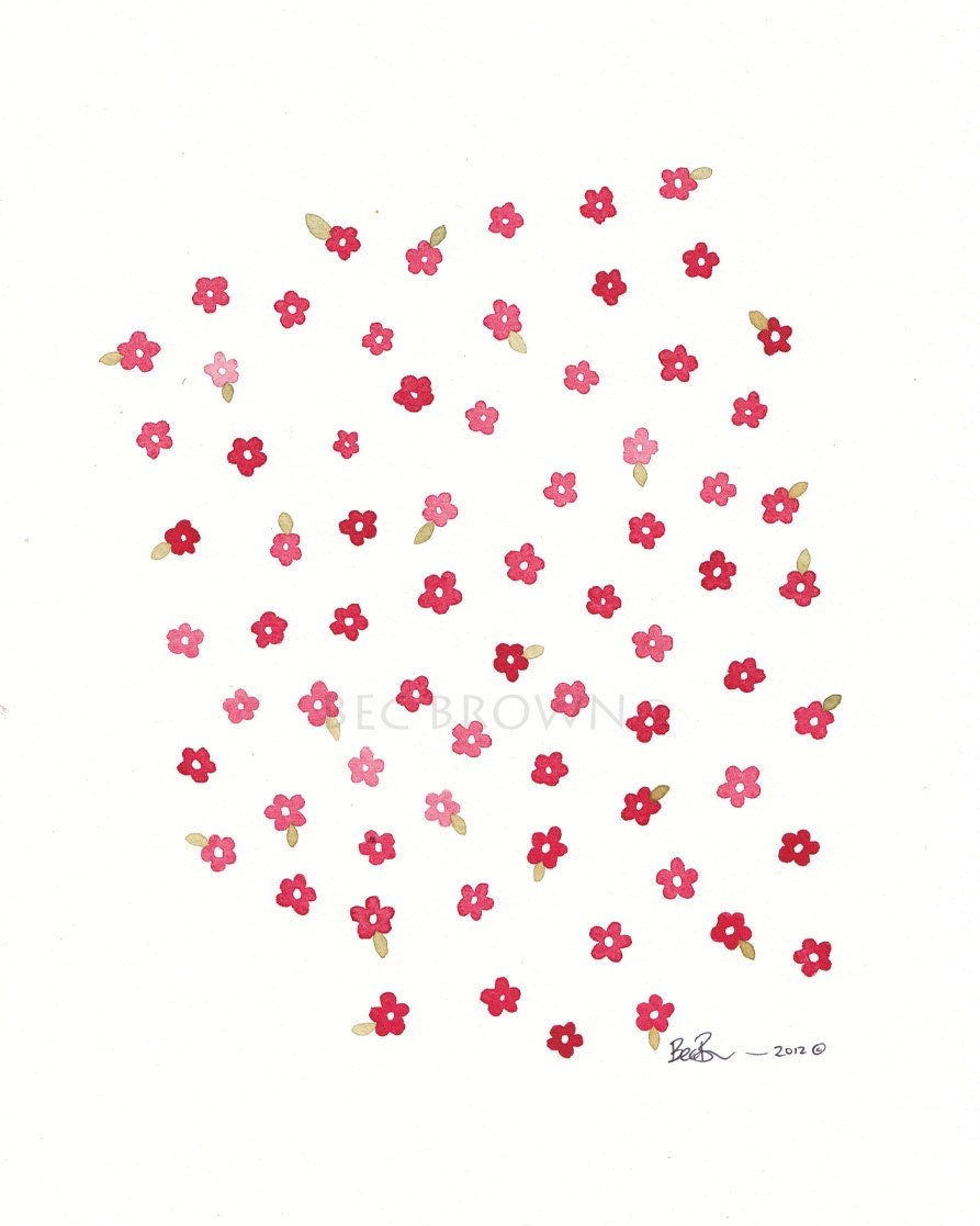 Red Garden Bouquet Flower Watercolor Art Painting Drawing 8x10" Print (unframed)