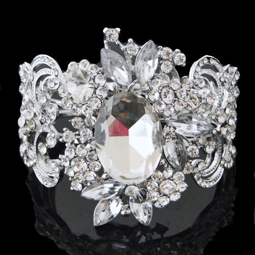 Wedding Flower Bracelet Cuff, Clear Rhinestone Bracelet, Vintage Inspired Swarovski Crystal, Bridal Crystal Bangle Silver Jewelry-112573566