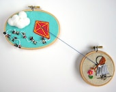KITE EMBROIDERY DECOR - Cute little chubby girl and red kite, 3D hand embroidered hoop wall art